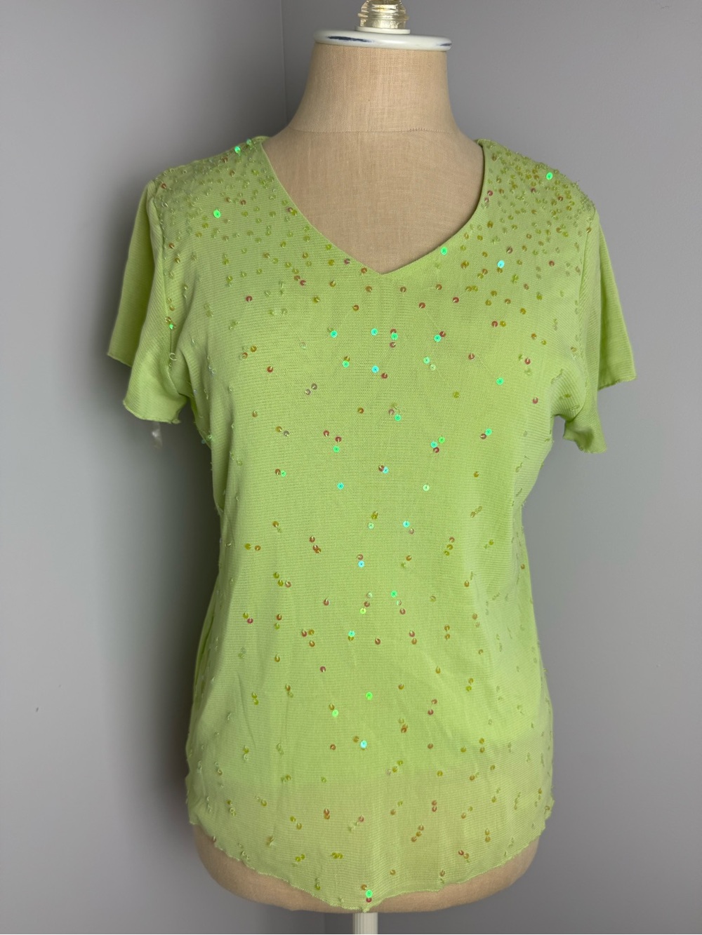 QVC Lime Green Sequin V‑Neck Short Sleeve Top